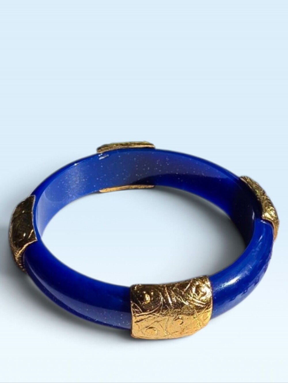 Vintage Napier Faux Lapis Blue Lucite Gold Flake Bangle Bracelet 8"